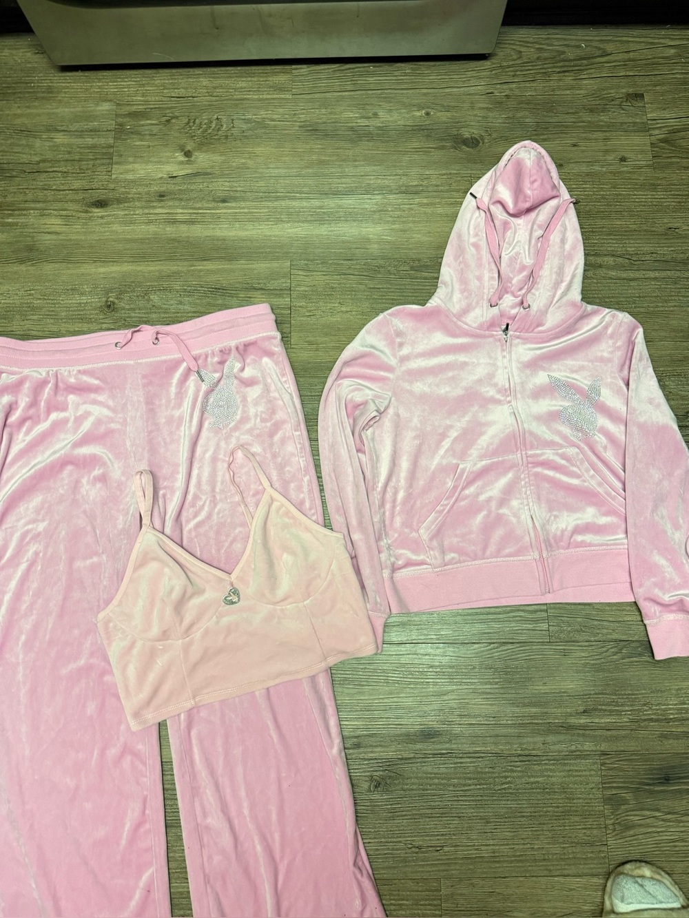 Rhinestone Playboy Pink Velour Three-Piece Lounge Set with Hoodie